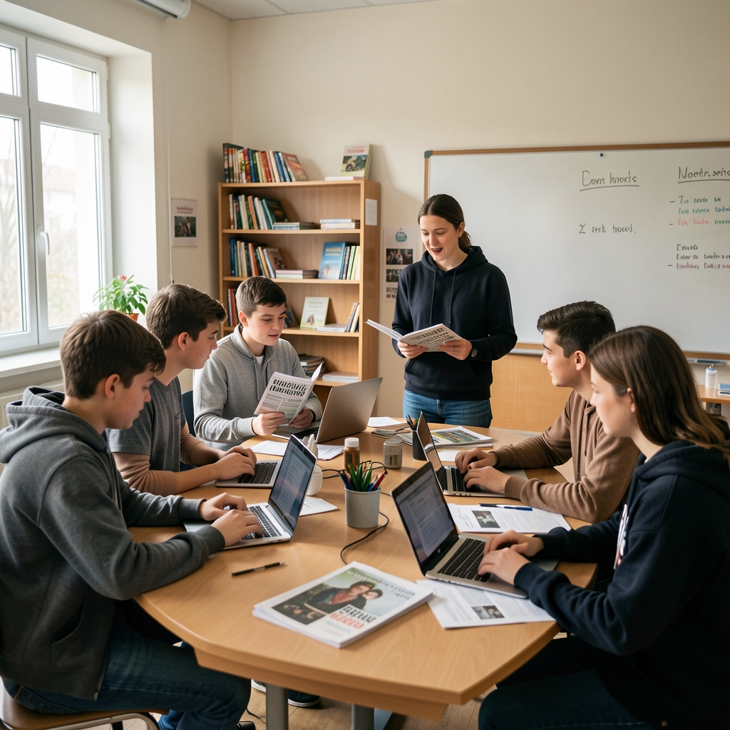 Učionica s mladim studentima koji sudjeluju u radionici medijske pismenosti, predavač objašnjava kritičko čitanje medija