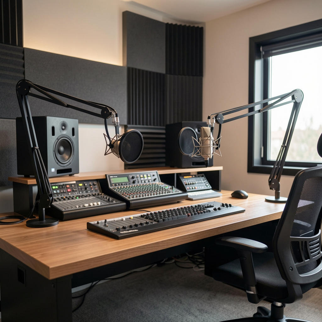 Profesionalni podcastni studio s mikrofonima, slušalicama i zvučnom opremom, suvremeni audio sadržaj i podcasting u novinarstvu