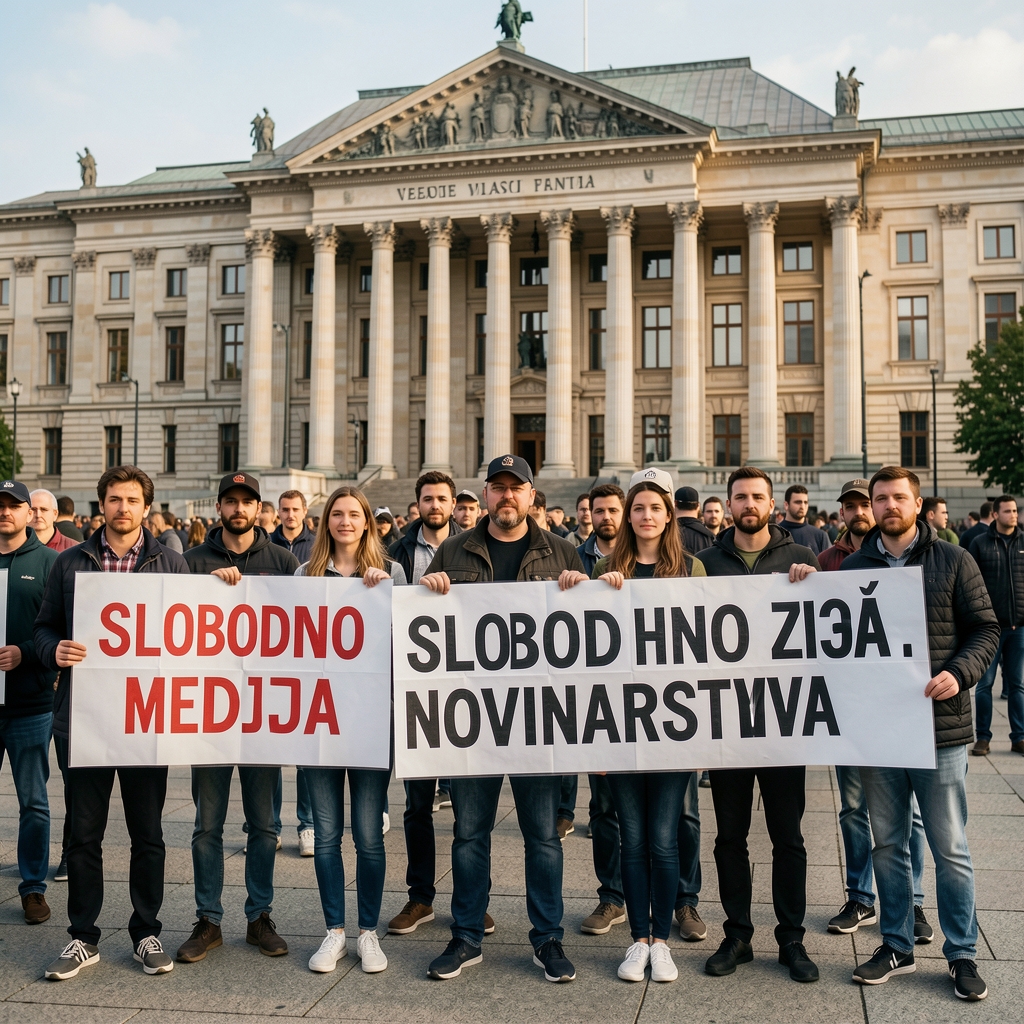 Prosvjednici za slobodu medija ispred zgrade vlade drže transparente s porukama o slobodnom novinarstvu