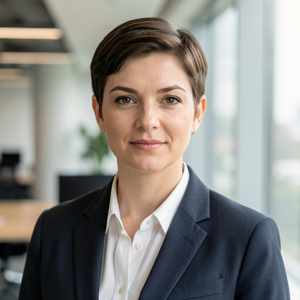 Portretna fotografija zamjenice urednika, žena tridesetih godina s kratkom kosom u modernom uredu, profesionalni poslovni portret